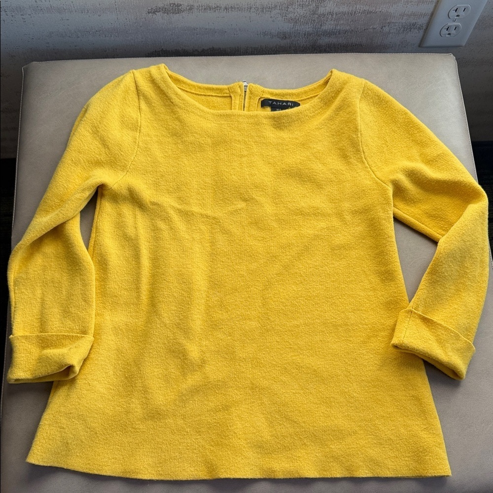 Tahari Super Soft Yellow Crew Neck Sweater w/ Zipper